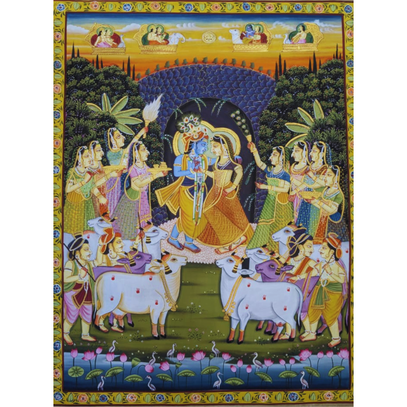Handmade Pichwai Painting of Krishna with Gopis, Cows & Lotus